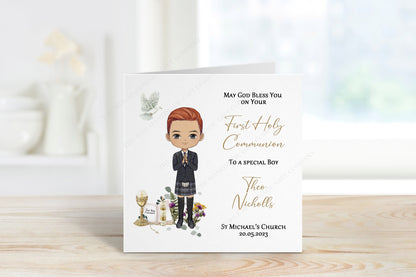 First Communion card for boy with kilt