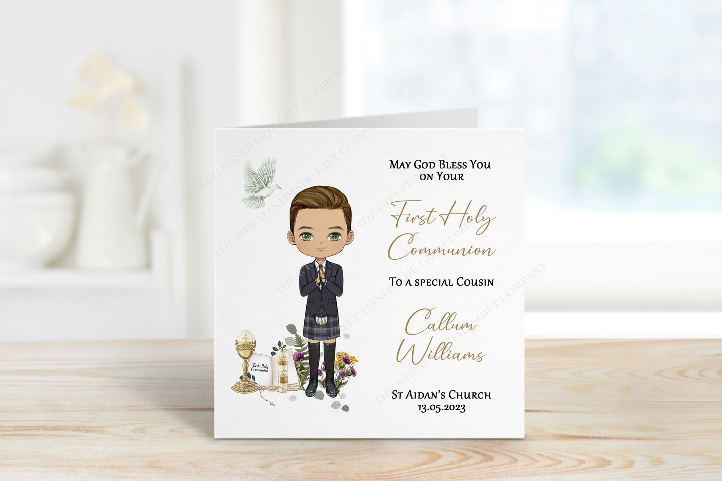 First Communion card for boy with kilt