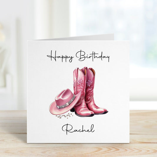 Pink cowgirl hat & boots Birthday card