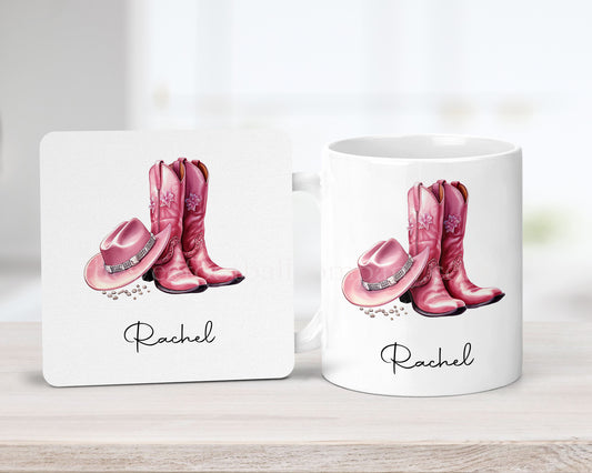 Pink cowgirl hat & boots mug and coaster set