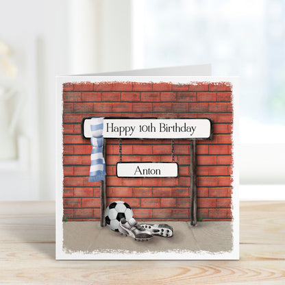 Personalised scarf and street sign football birthday card