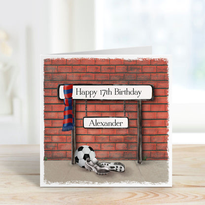 Personalised scarf and street sign football birthday card